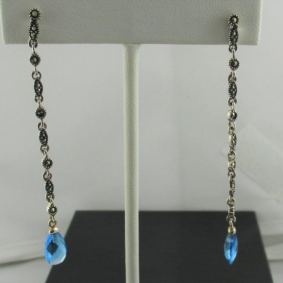 Blue Crystal & Marcasite Dangle Earrings - Picture 7 of 14
